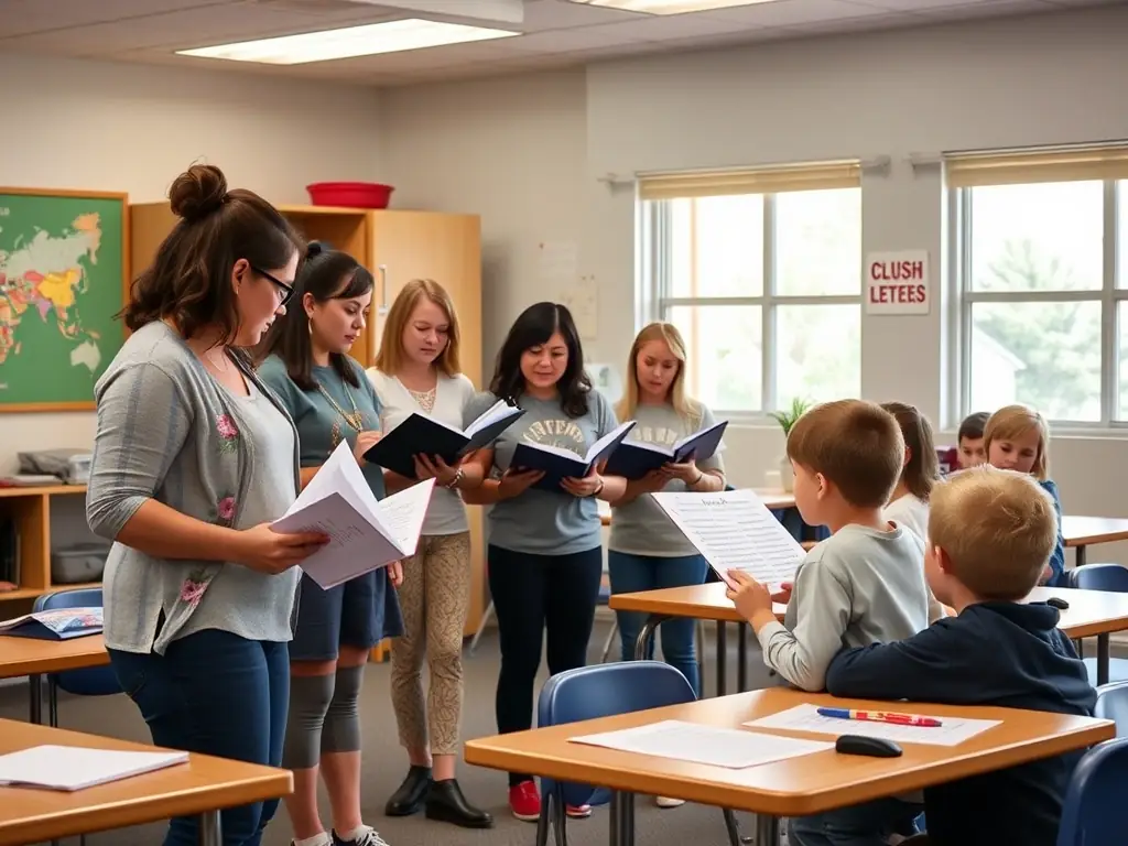 A photo of choir members volunteering at a local school, teaching children about music and choral singing, emphasizing their commitment to education.