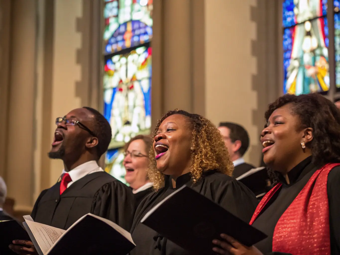 A photograph capturing the choir performing a classical piece in a historic church, bathed in soft, natural light, showcasing their dedication to preserving sacred music.